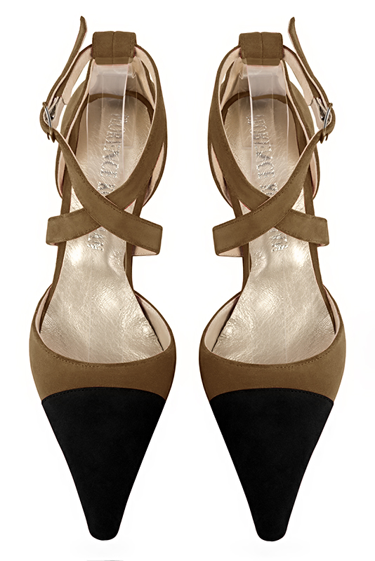 Matt black and chocolate brown women's open side shoes, with crossed straps. Pointed toe. Medium spool heels. Top view - Florence KOOIJMAN